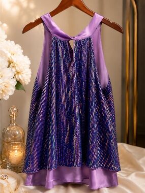 Lavender Sequin Sparkle Halter Tank Top Sz L Like New Condition